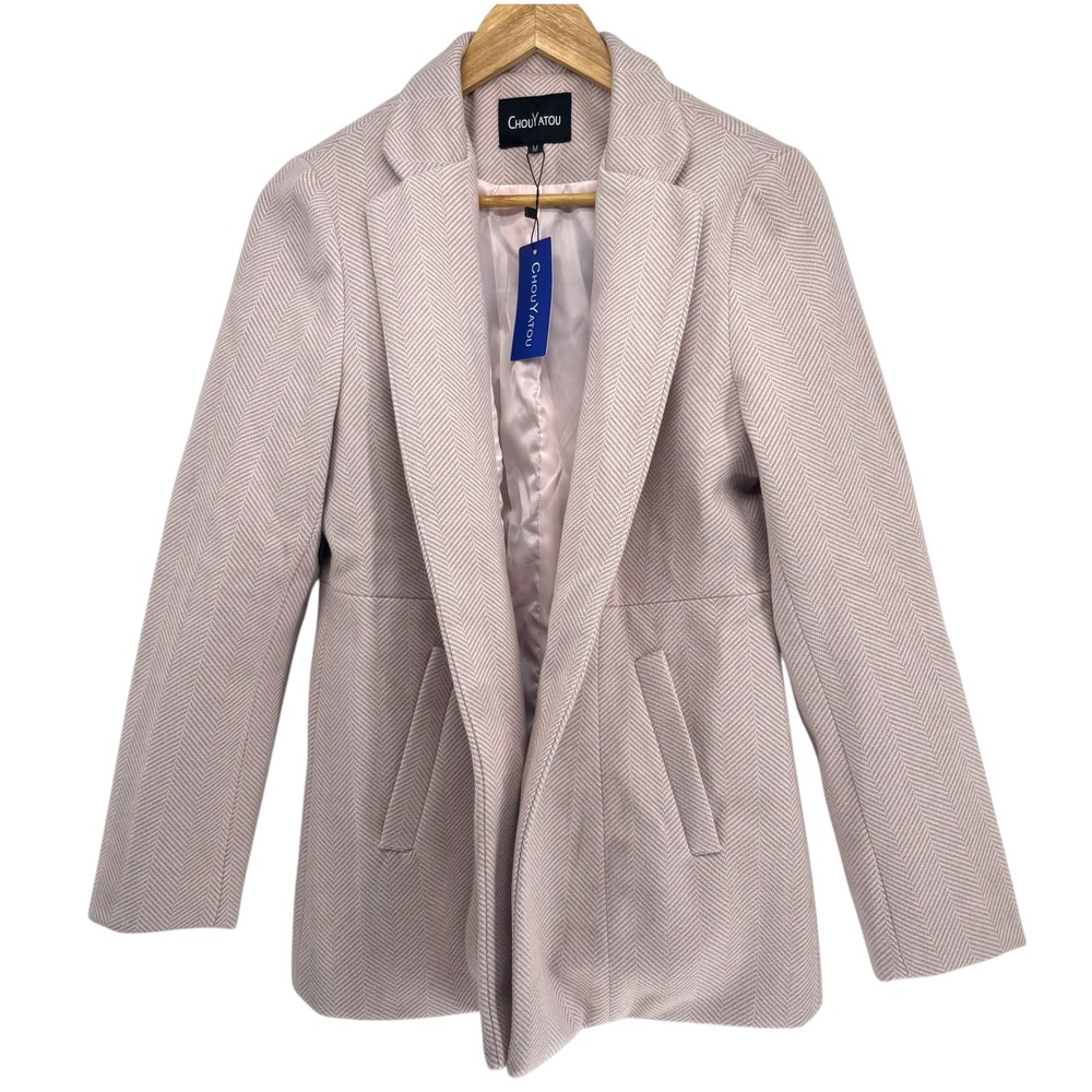 CHOU YATOU Pink Herringbone‎ Blazer Jacket Women's Medium Lapel Collar Pockets